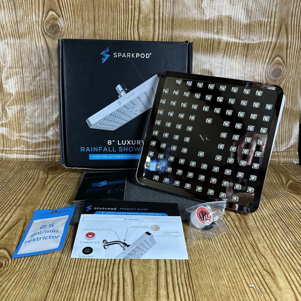SparkPod 8” Rainfall Shower Head Square Black High Pressure Bathroom Upgrade